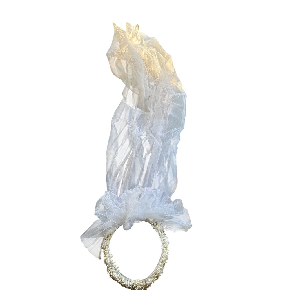Vintage Faux Pearl Beaded Wedding Veil White Tulle Bridal Headband Retro